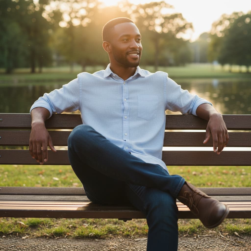 slim black man park bench golden hour 54403253