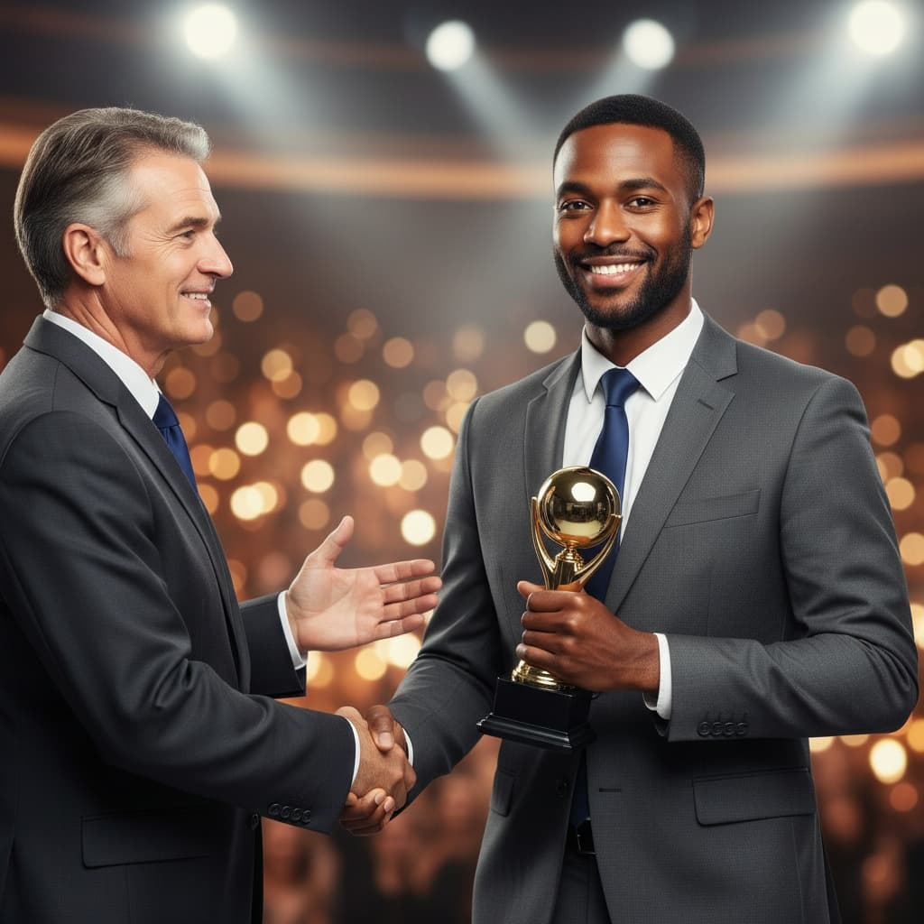 slim black man receiving award on stage 47816885
