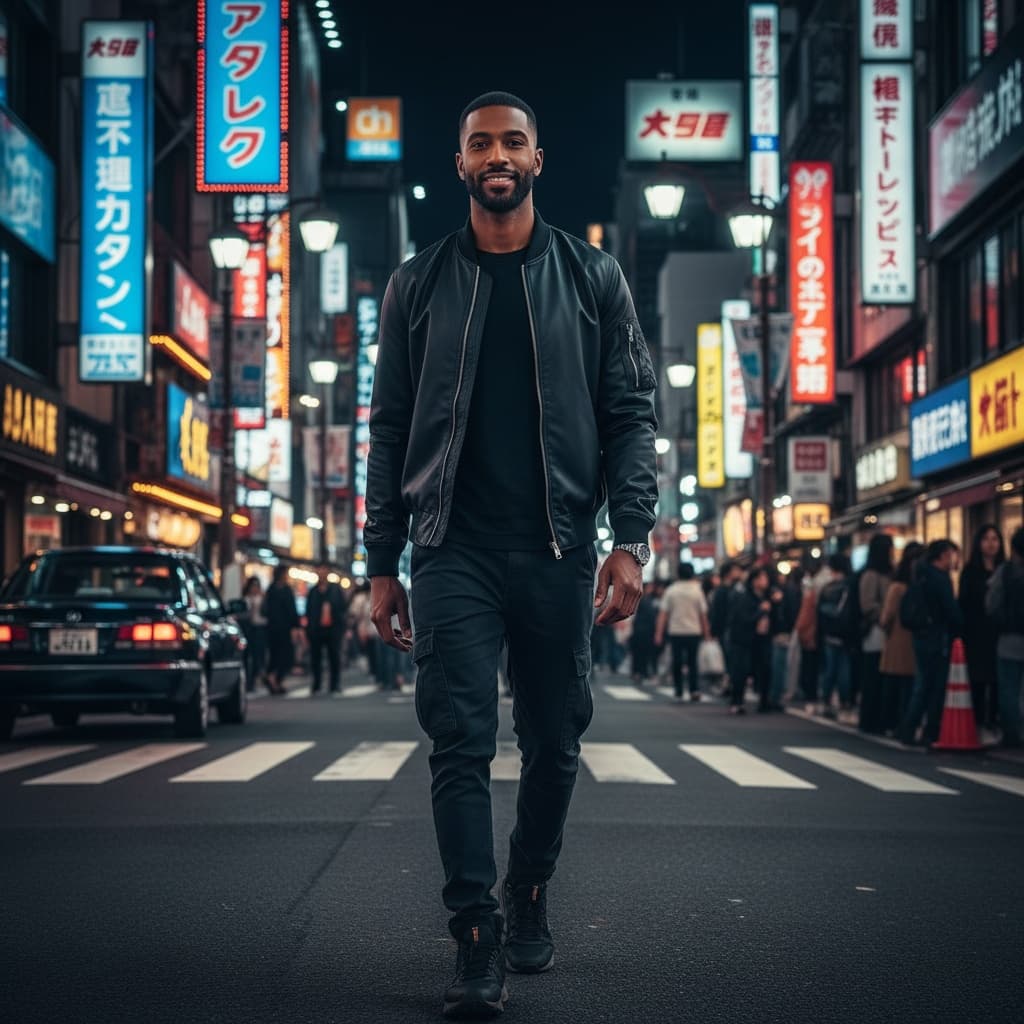 slim black man shinjuku night street level 81152944