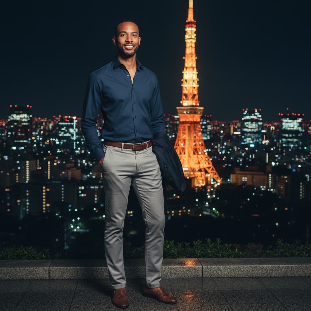 slim black man tokyo tower night view 55014414