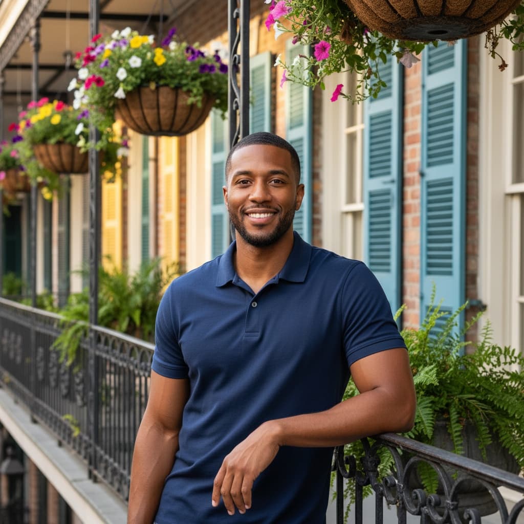 slim black man wrought iron balcony 33123788