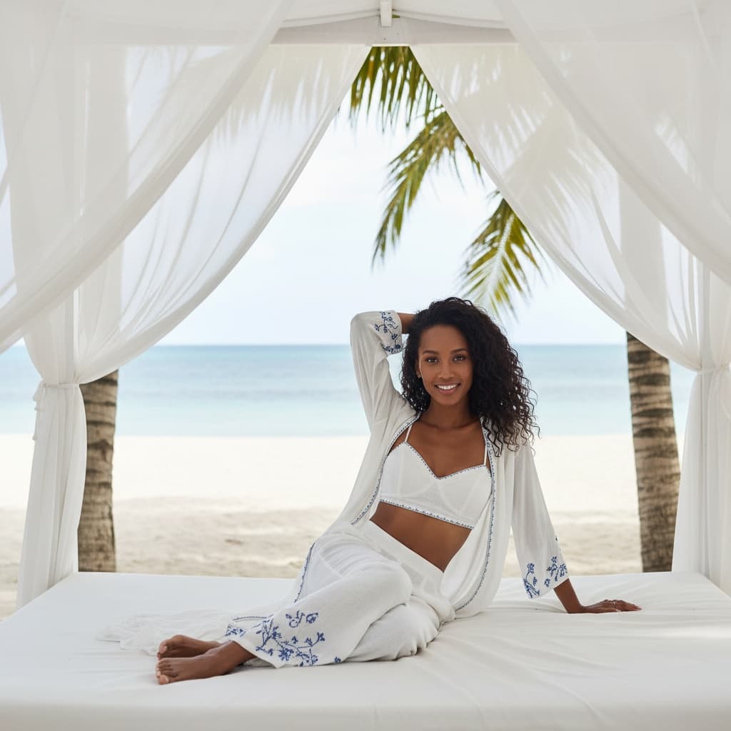 slim black woman beach cabana relaxation 98715331
