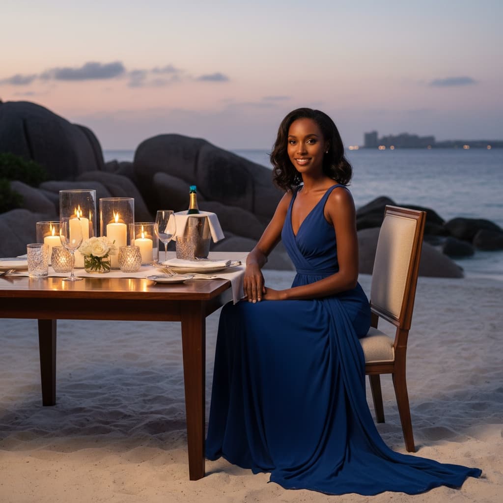 slim black woman beachfront fine dining candlelight 94550623