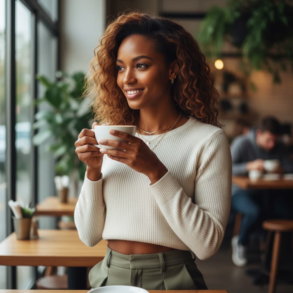 slim black woman cafe lifestyle candid 78337398
