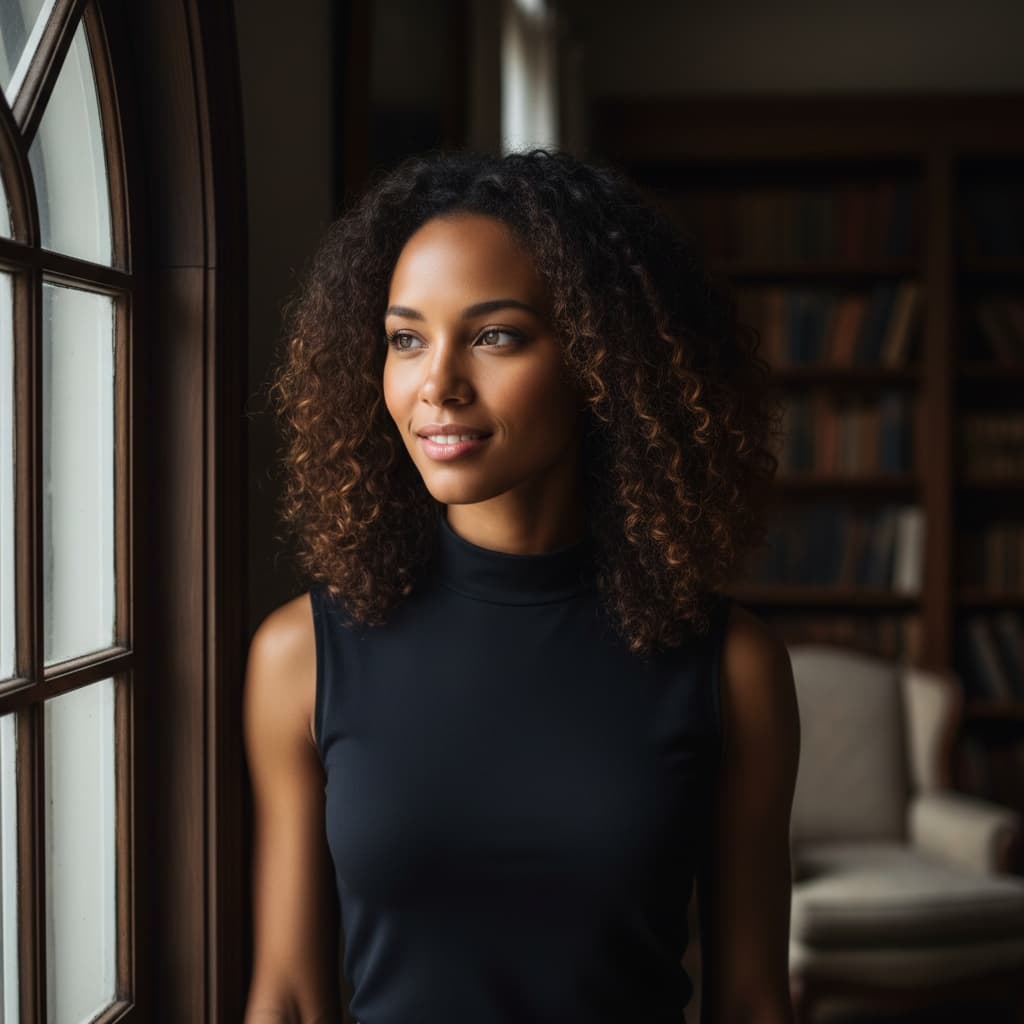 slim black woman dramatic window light 94384983