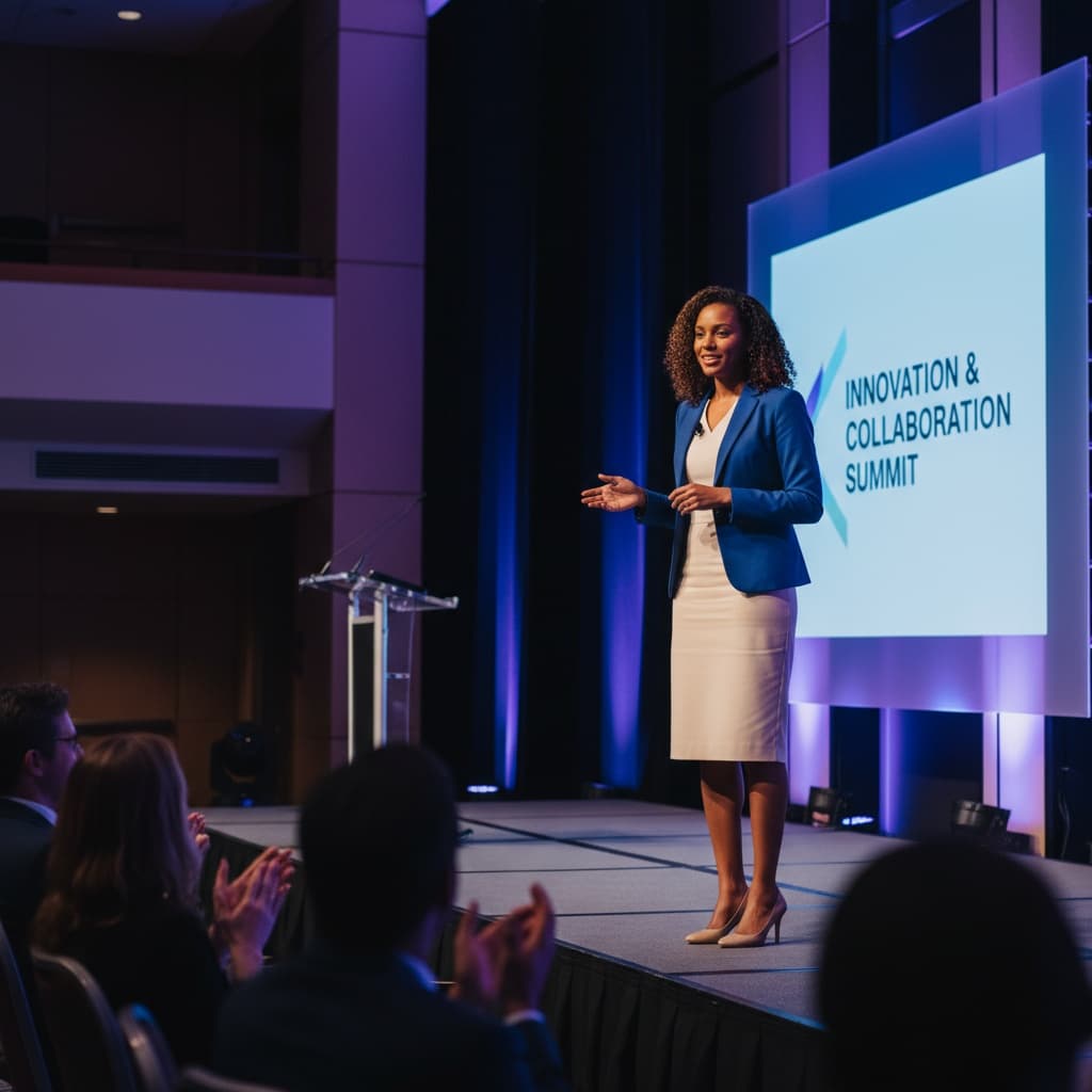slim black woman keynote speaker on stage 28289846