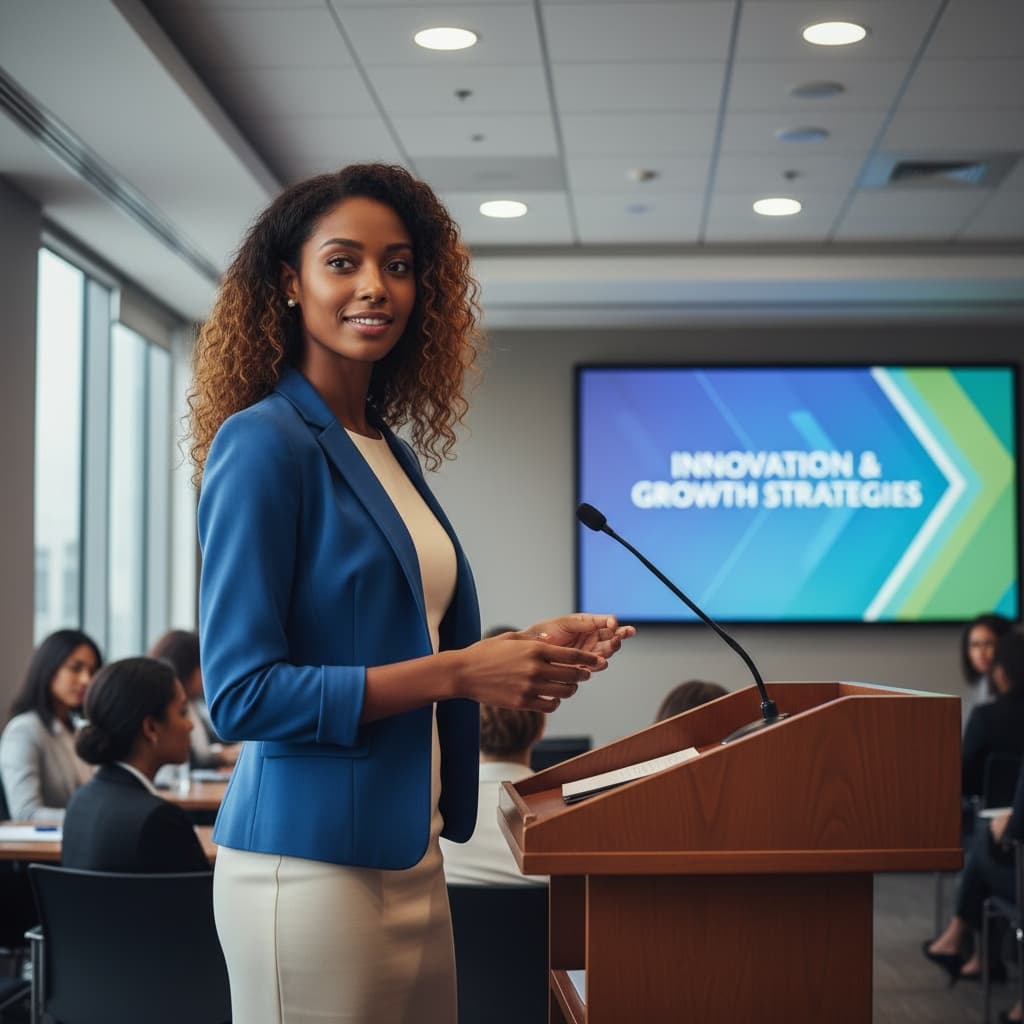 slim black woman presenting at podium 44408102