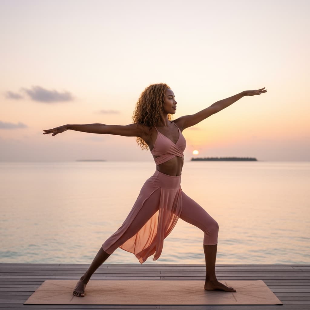 slim black woman sunrise yoga deck 41878258