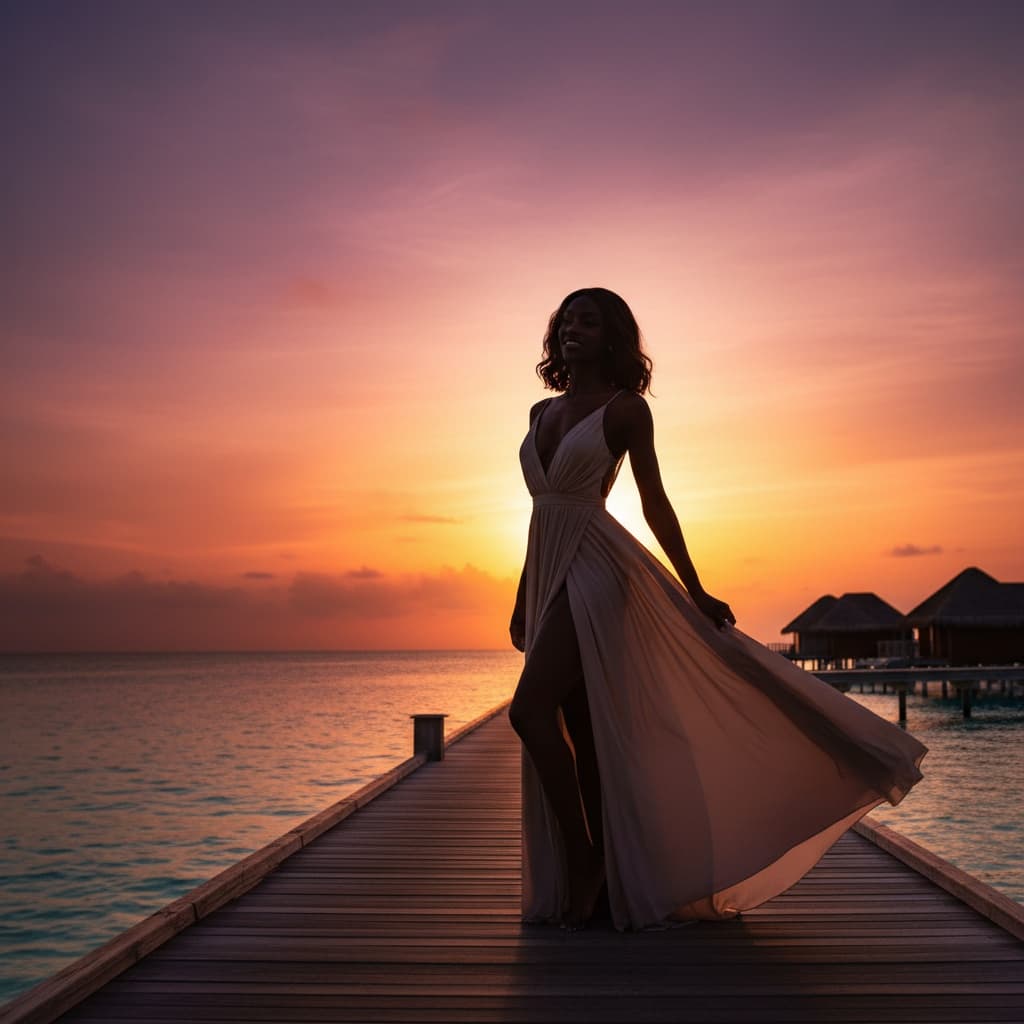 slim black woman sunset pier silhouette 13325308