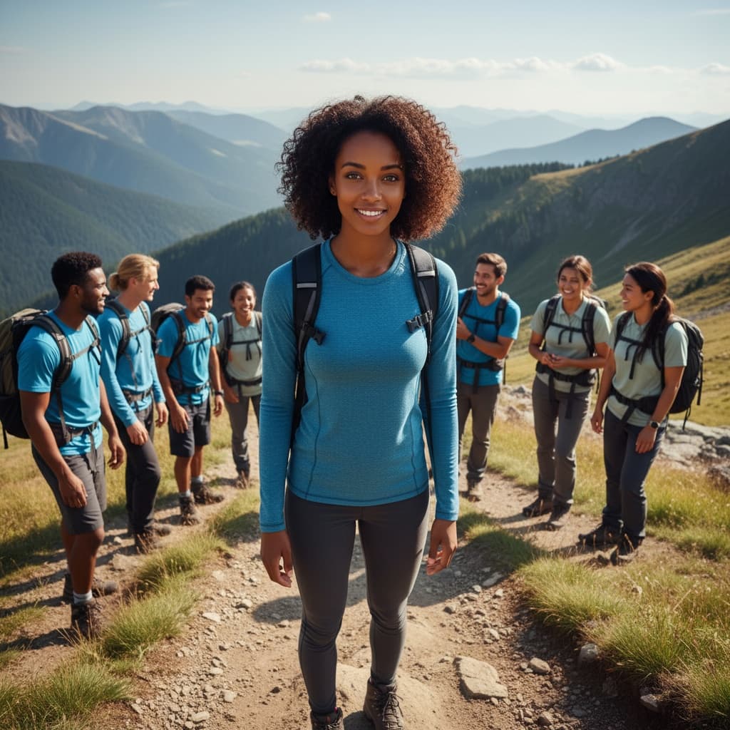 slim black woman team hiking mountain trail 25816929