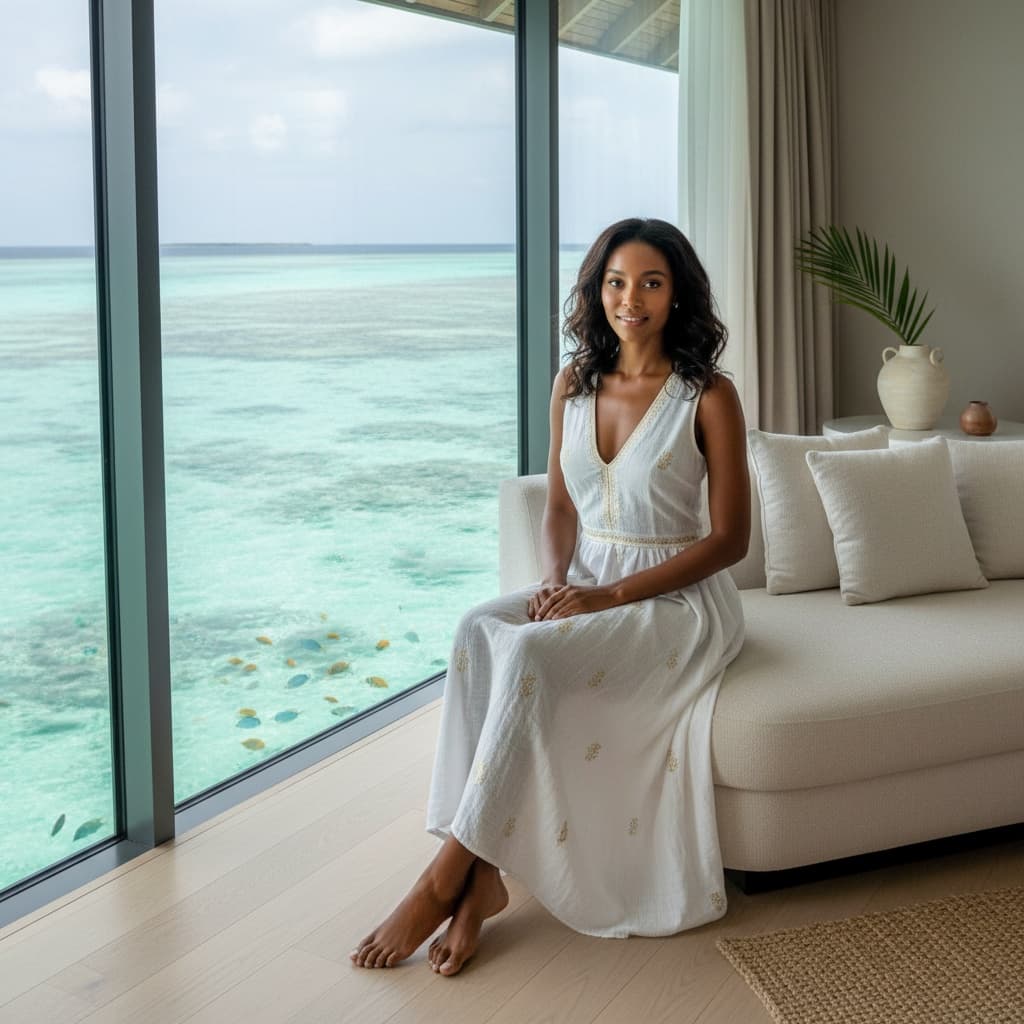 slim black woman underwater villa window 86806470