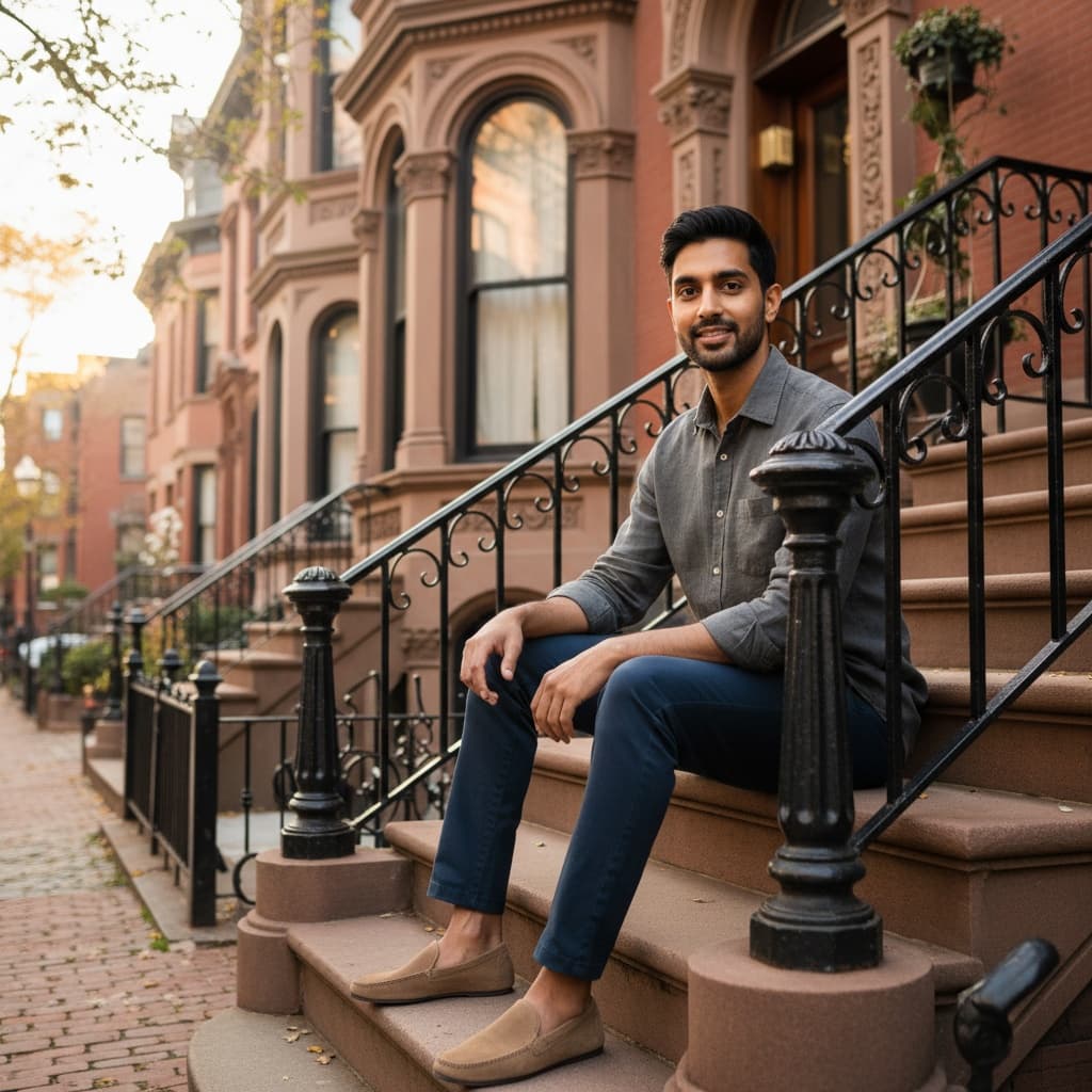 slim indian man back bay brownstone steps 43879854