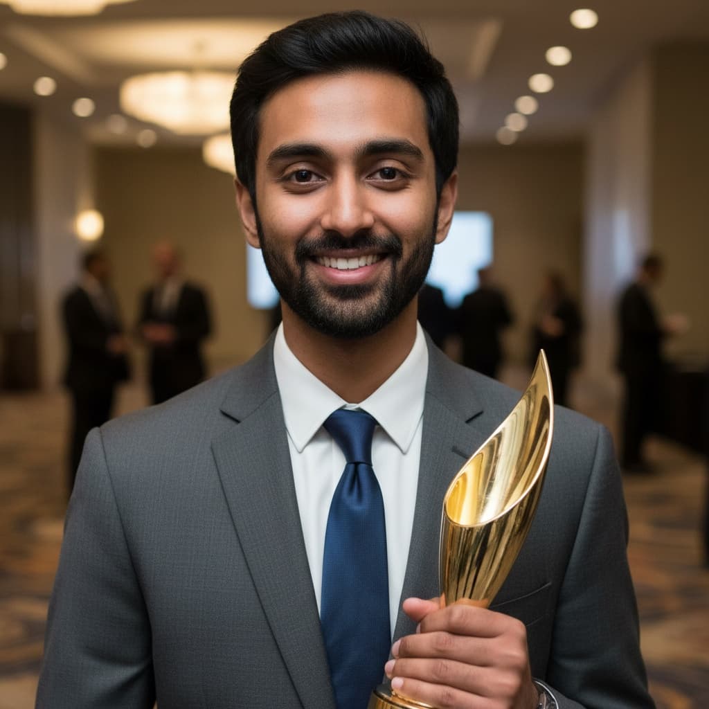 slim indian man backstage trophy closeup 83451844