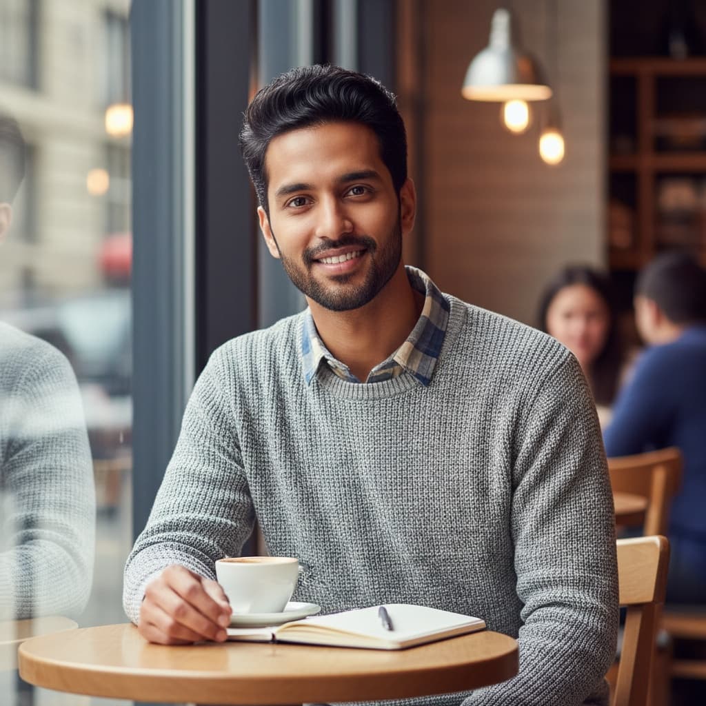 slim indian man coffee shop casual setting 44576151