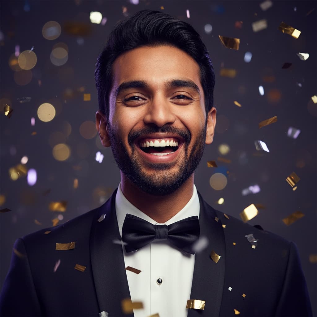 slim indian man confetti moment close up 80588079