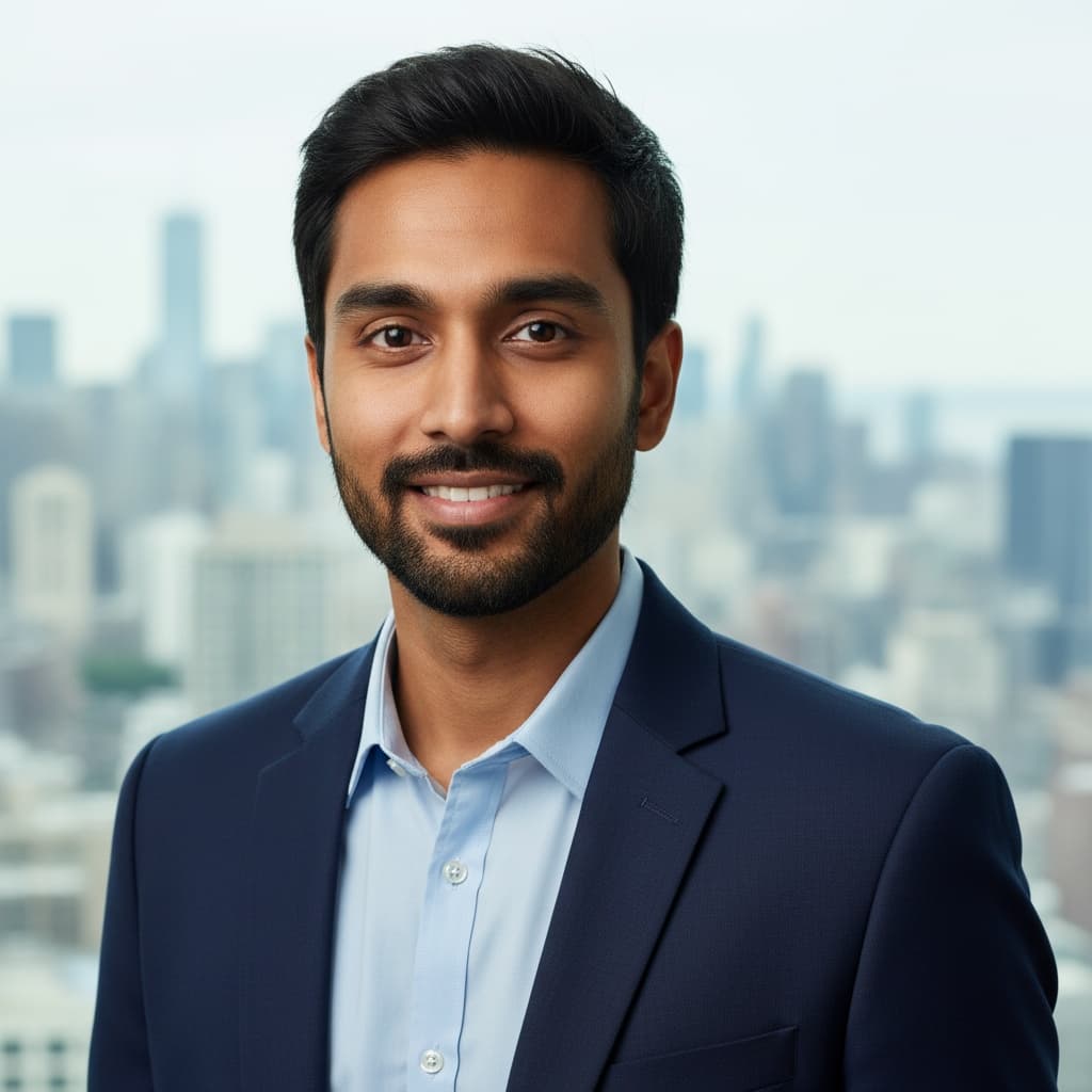 slim indian man confident city skyline backdrop 86907170