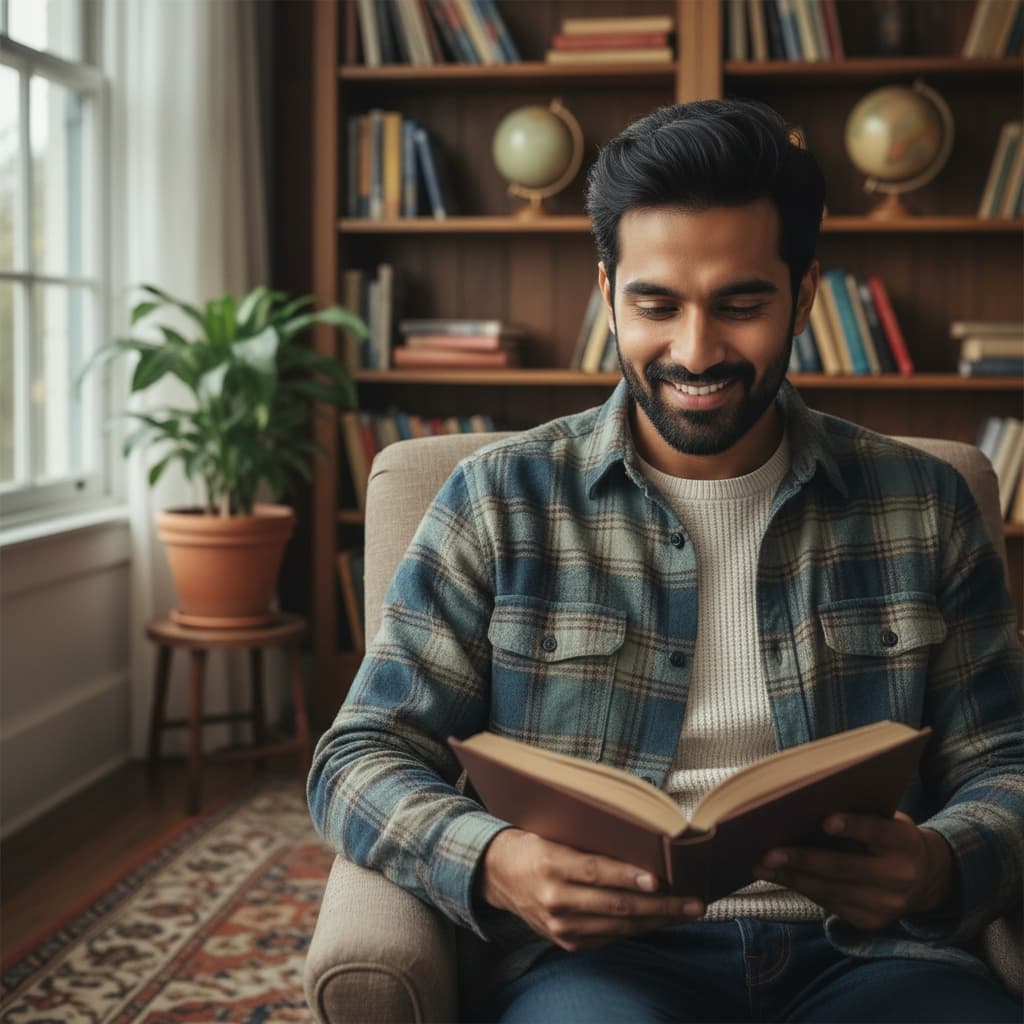 slim indian man cozy reading chair 47384712