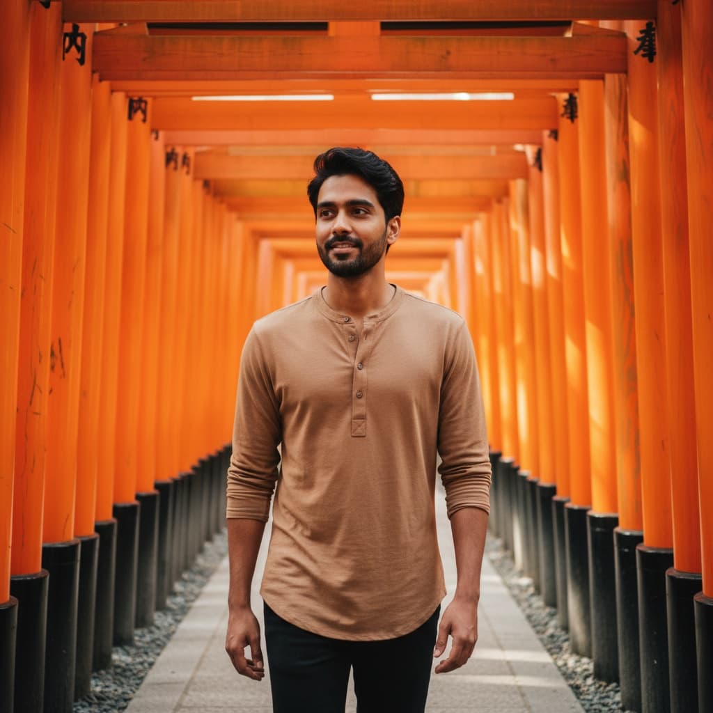 slim indian man fushimi inari torii gates 69572143