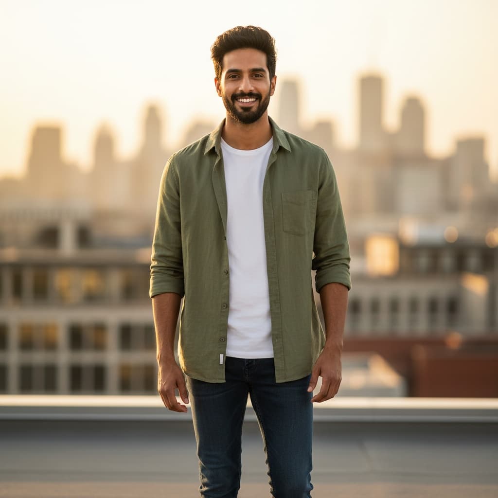 slim indian man golden hour rooftop portrait 87662741