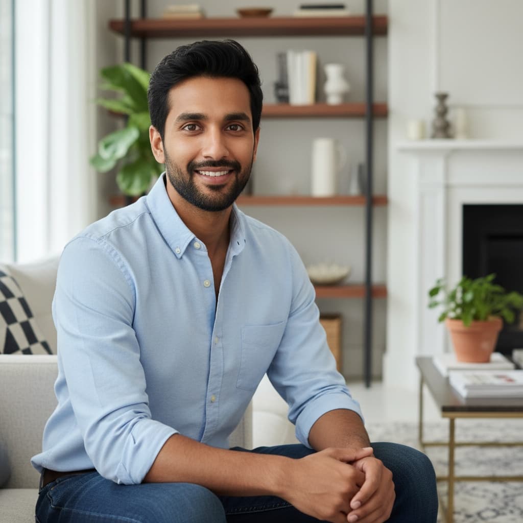slim indian man home interior authentic candid 22912244