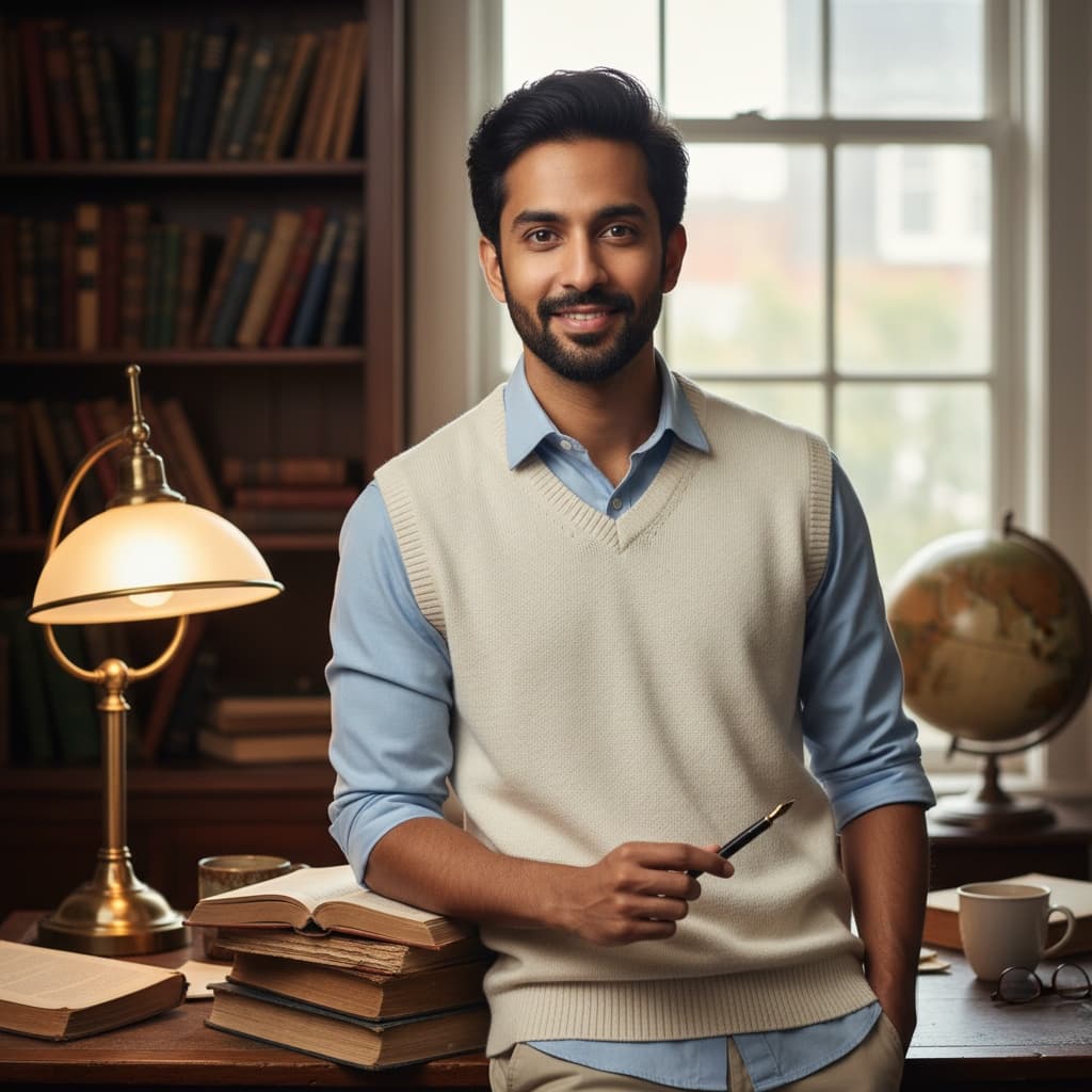 slim indian man home office bookshelves 27561663