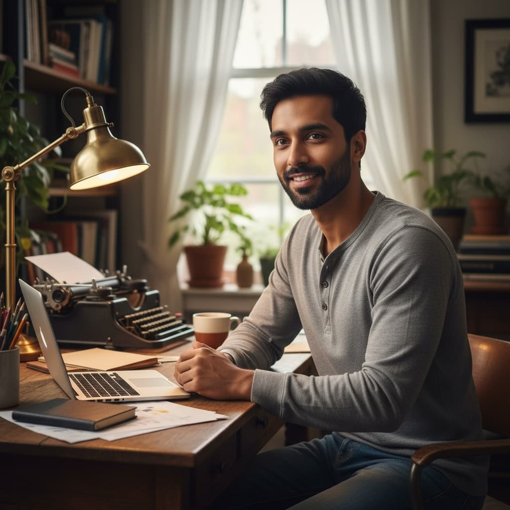 slim indian man home office creative space 23620541
