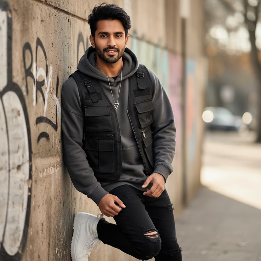 slim indian man leaning wall urban cool 58808784