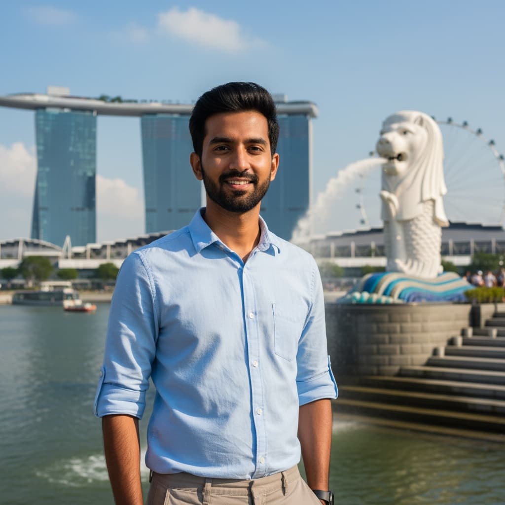 slim indian man merlion park tourist spot 84468896