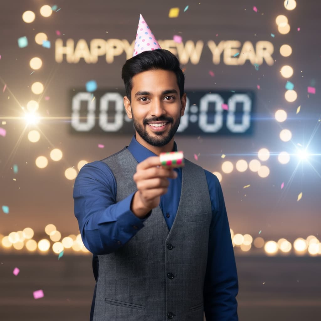 slim indian man midnight countdown excitement 31225321