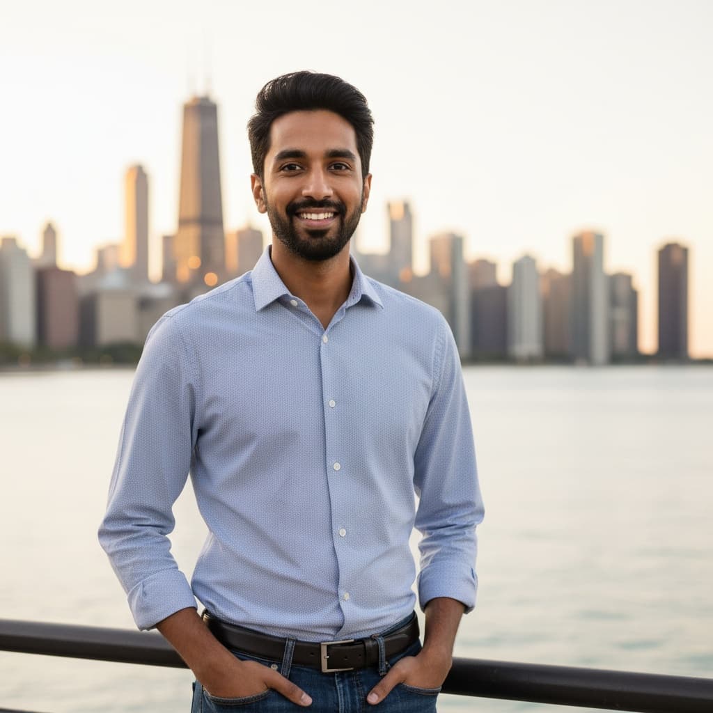 slim indian man navy pier skyline backdrop 53453635