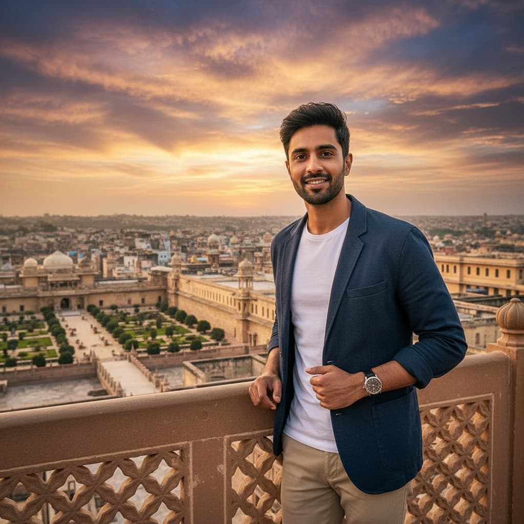 slim indian man palace balcony overlook 70471942
