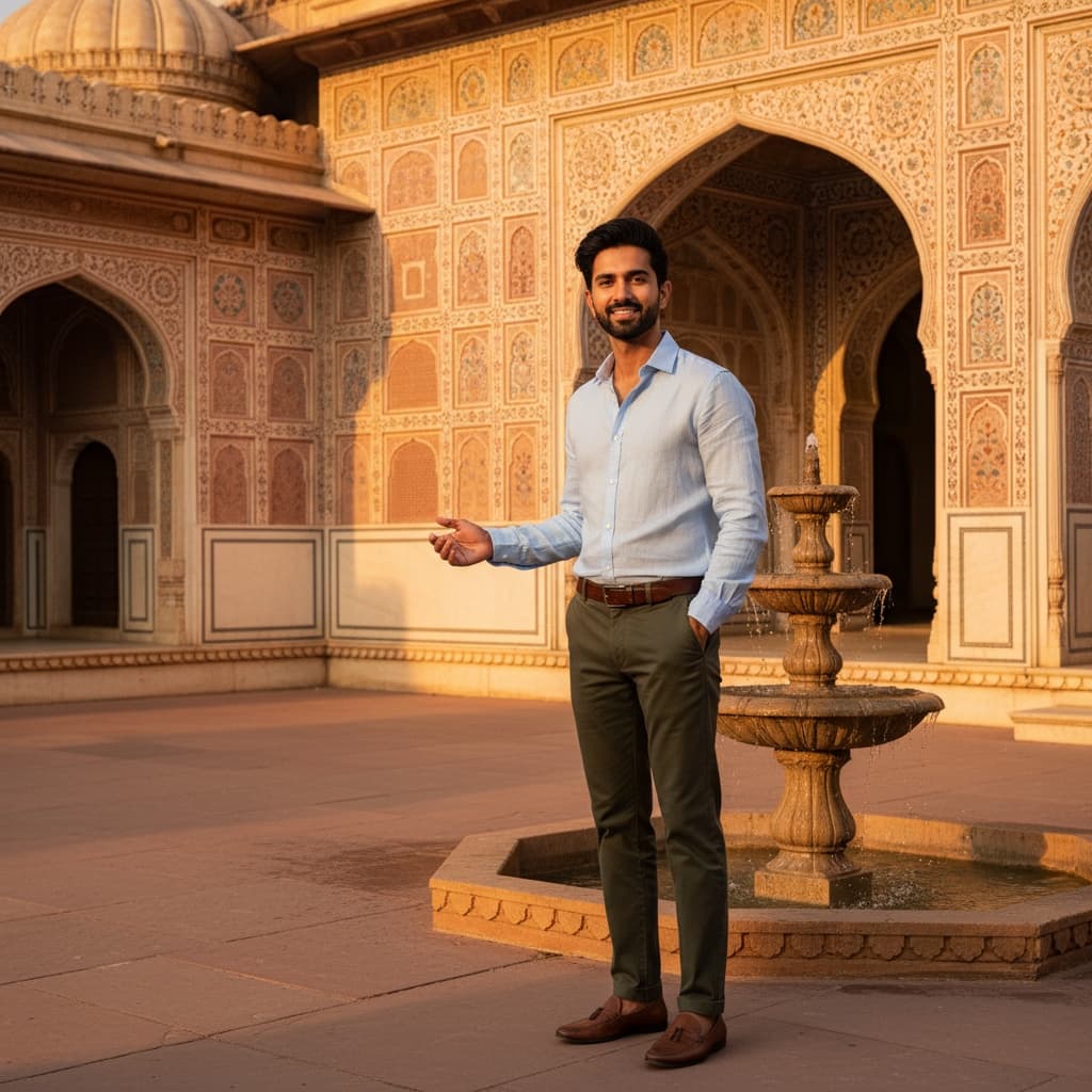 slim indian man palace courtyard sunset 31499711