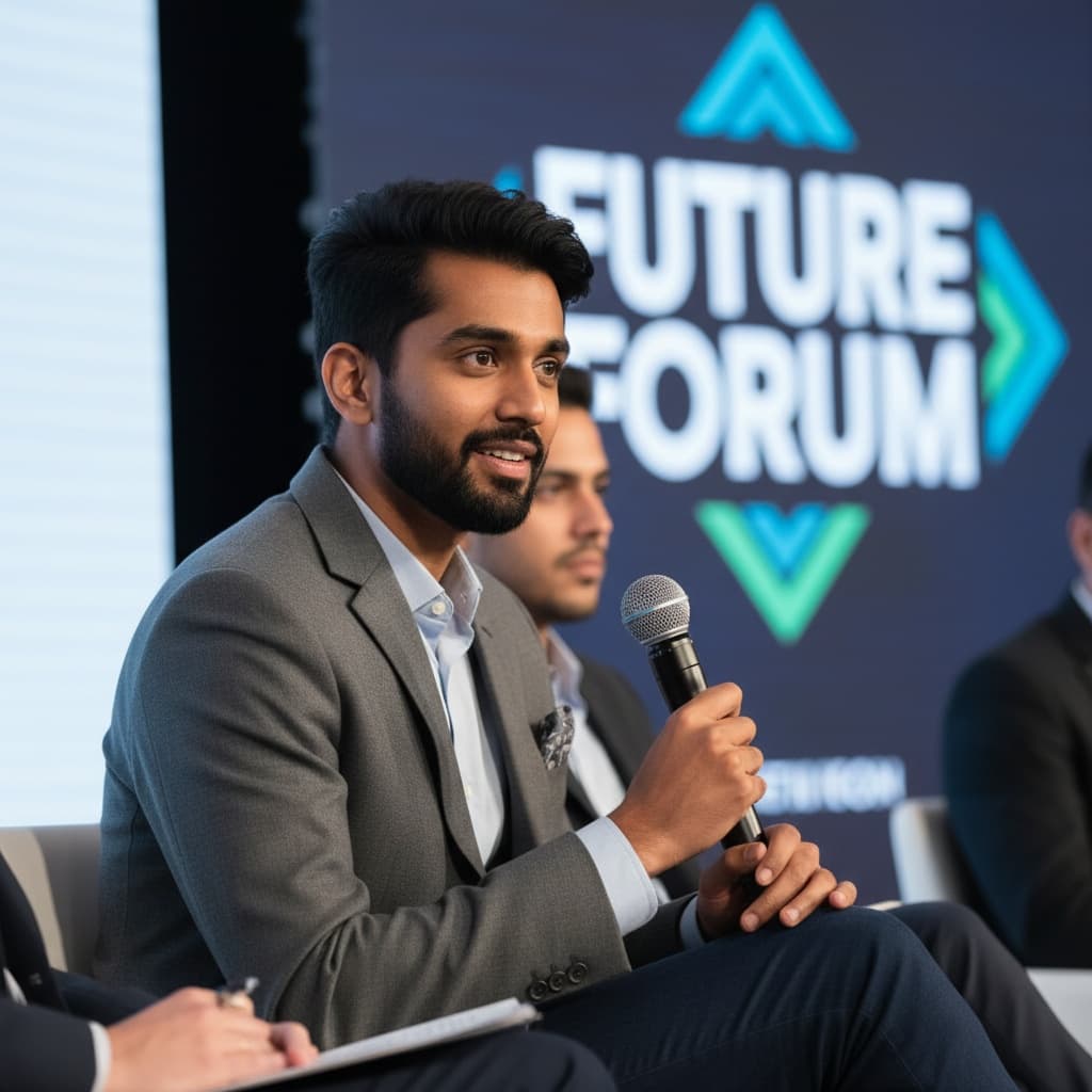 slim indian man panel discussion seated 20560824