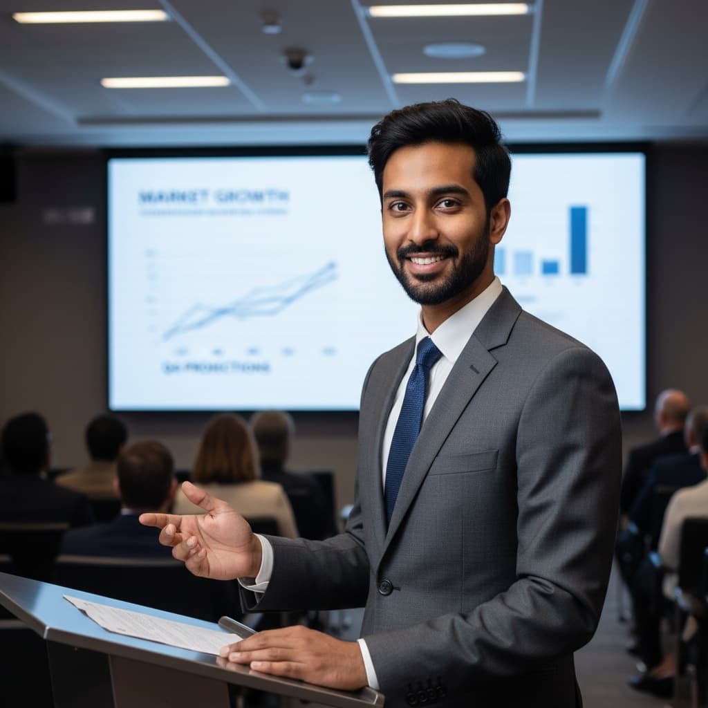 slim indian man presenting at podium 69307246