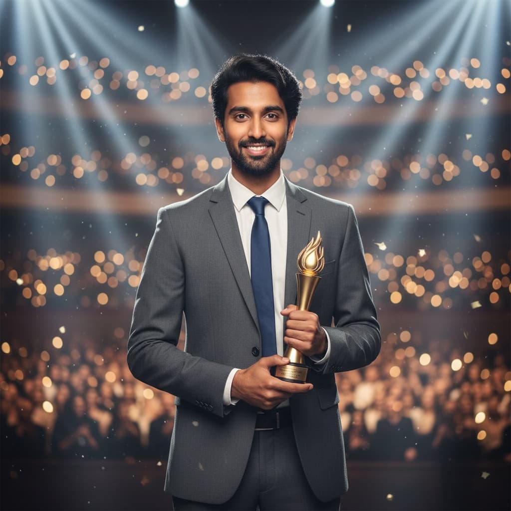 slim indian man receiving award on stage 39067089