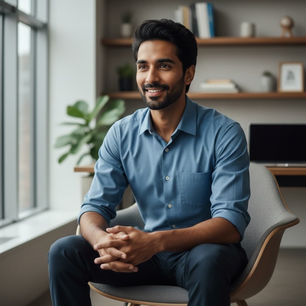 slim indian man relaxed sitting consultation pose 29913691