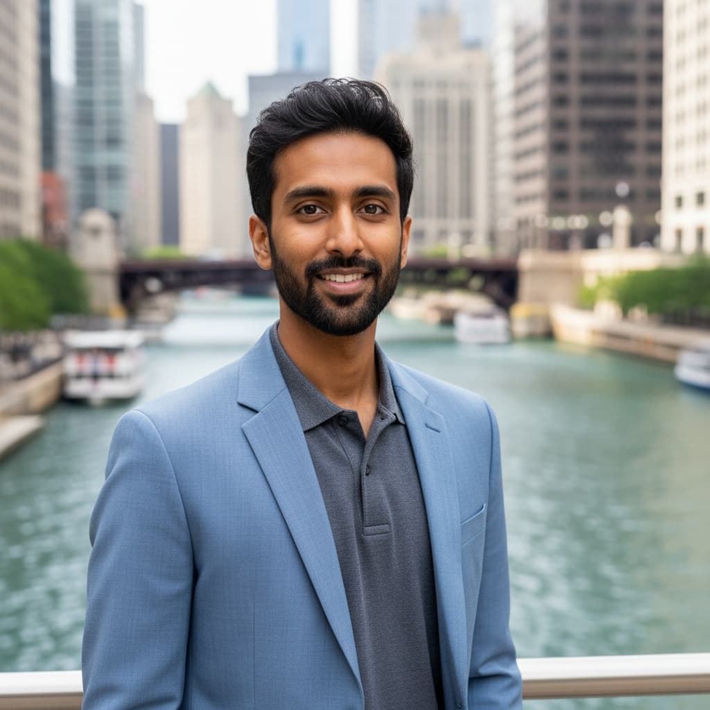 slim indian man riverwalk architectural background 15107174