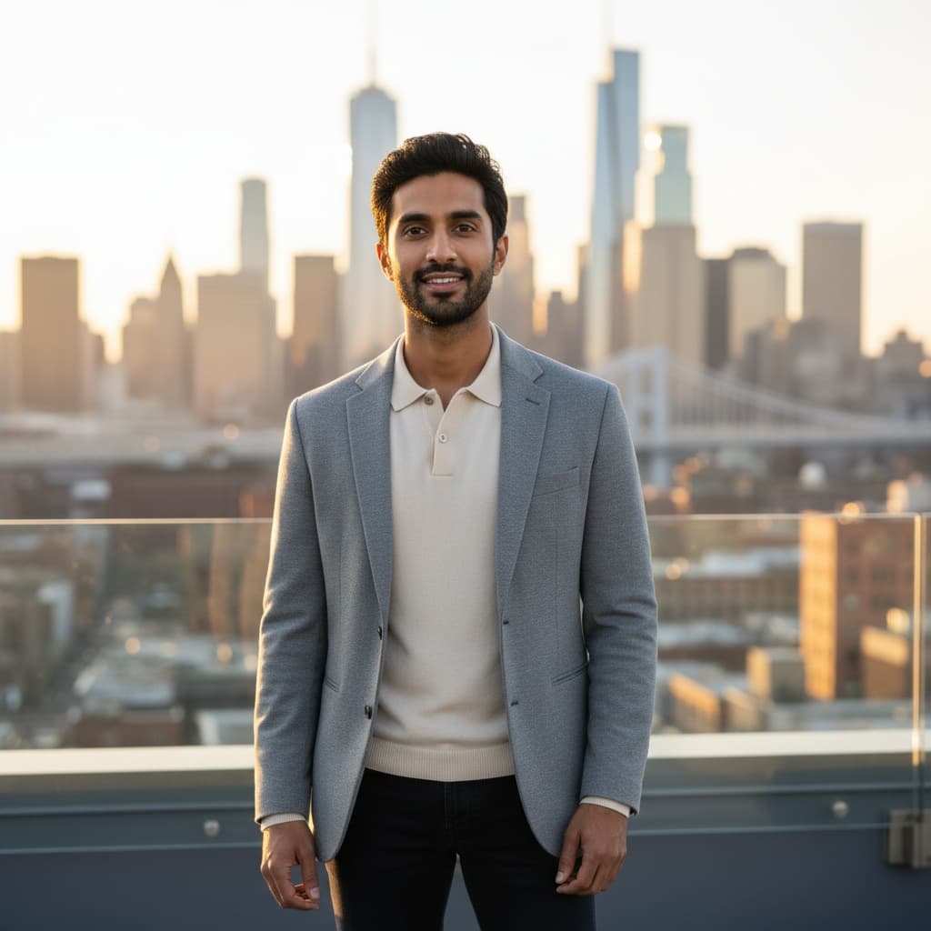 slim indian man rooftop city view ambitious 19650204