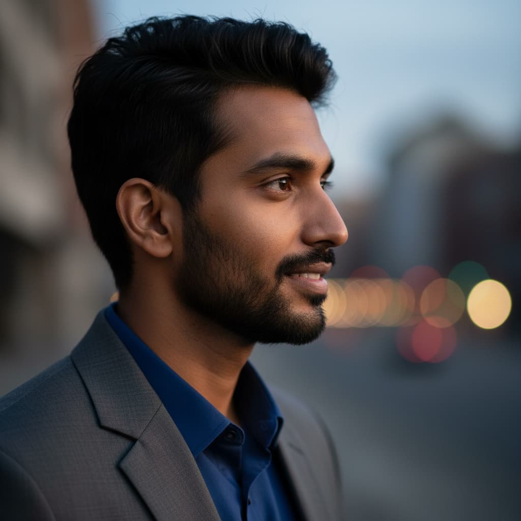 slim indian man side angle thoughtful profile 76826154
