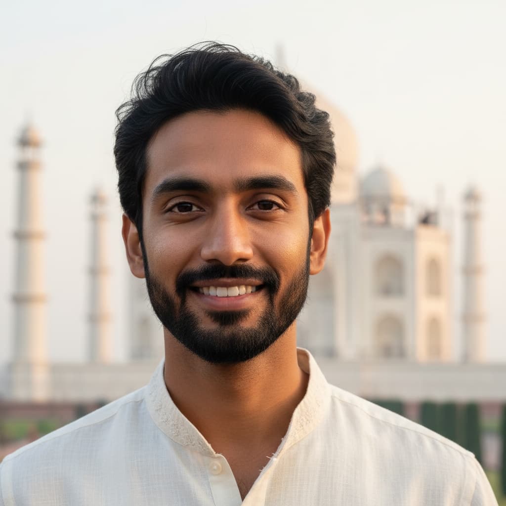 slim indian man taj mahal close portrait 83141025