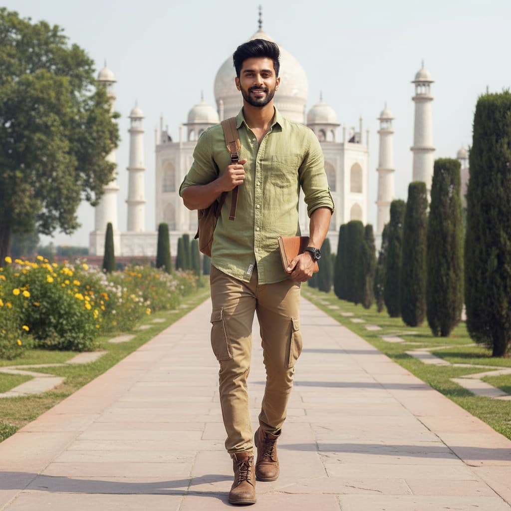 slim indian man taj mahal garden walk 34999124