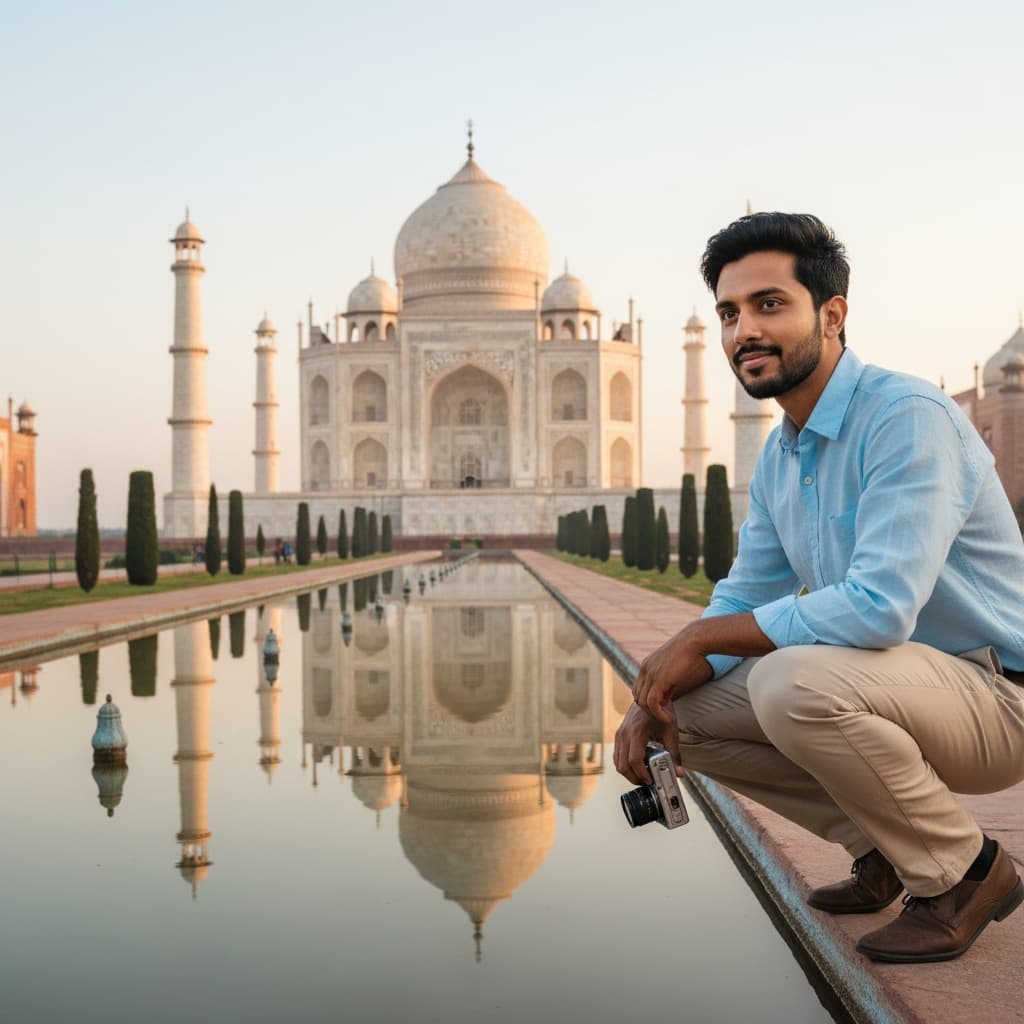 slim indian man taj mahal reflecting pool 35242752