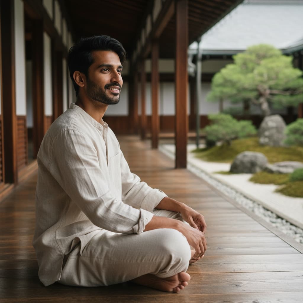 slim indian man temple corridor meditation 94005901