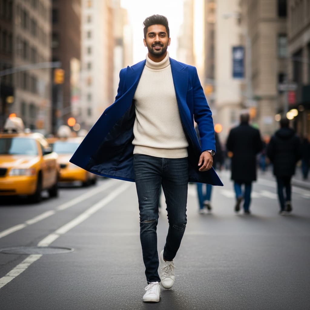 slim indian man walking dynamic street shot 60029212
