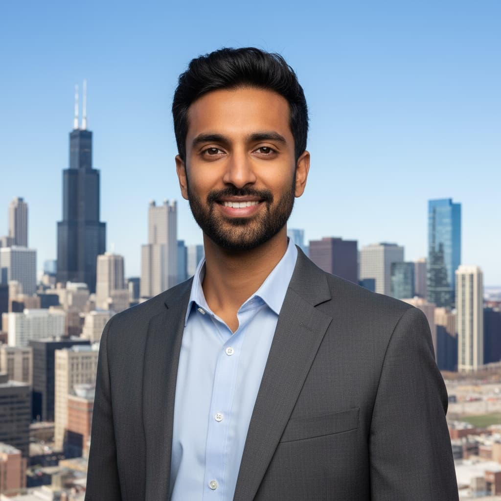 slim indian man willis tower skyline lookout 71345608