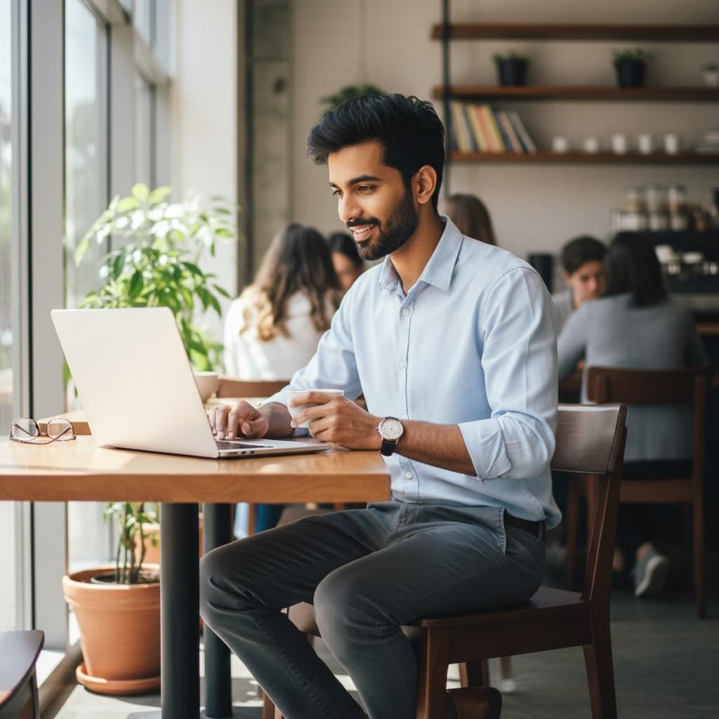 slim indian man working at modern coffee shop 34509833