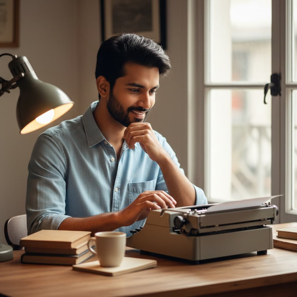 slim indian man writing desk workspace 89127780