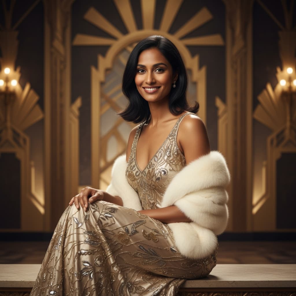 slim indian woman art deco ballroom portrait 97567755