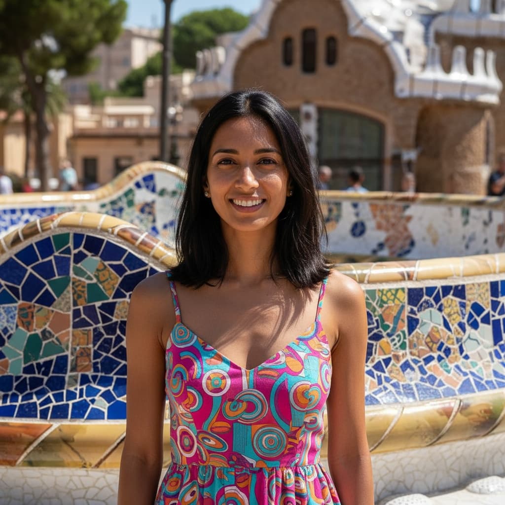 slim indian woman barcelona gaudi architecture 93874399