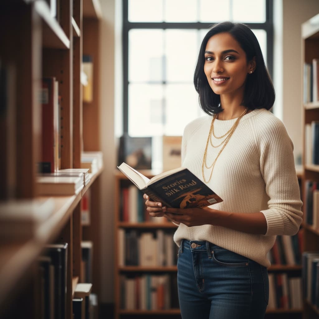 slim indian woman bookstore library intellectual 73643151